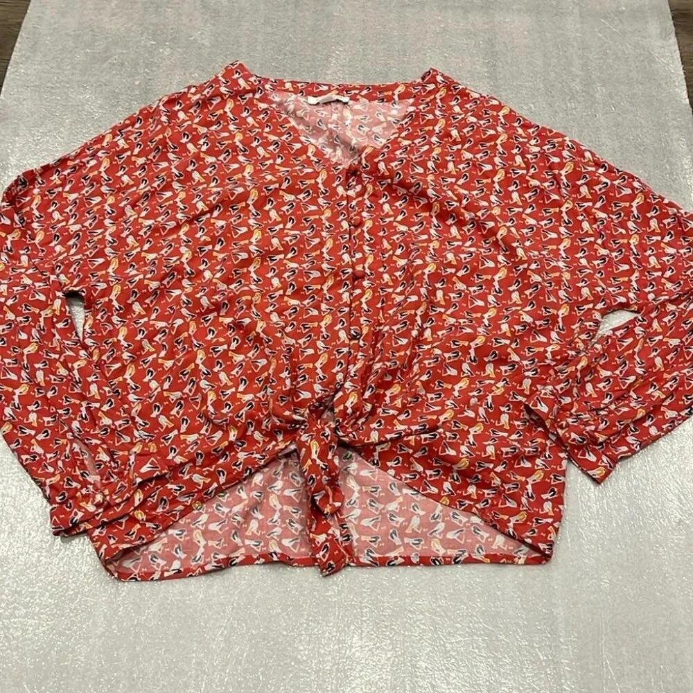 [L]BeachLunchLounge V Neck Button Up Tie Hem LS Cropped Bird Blouse